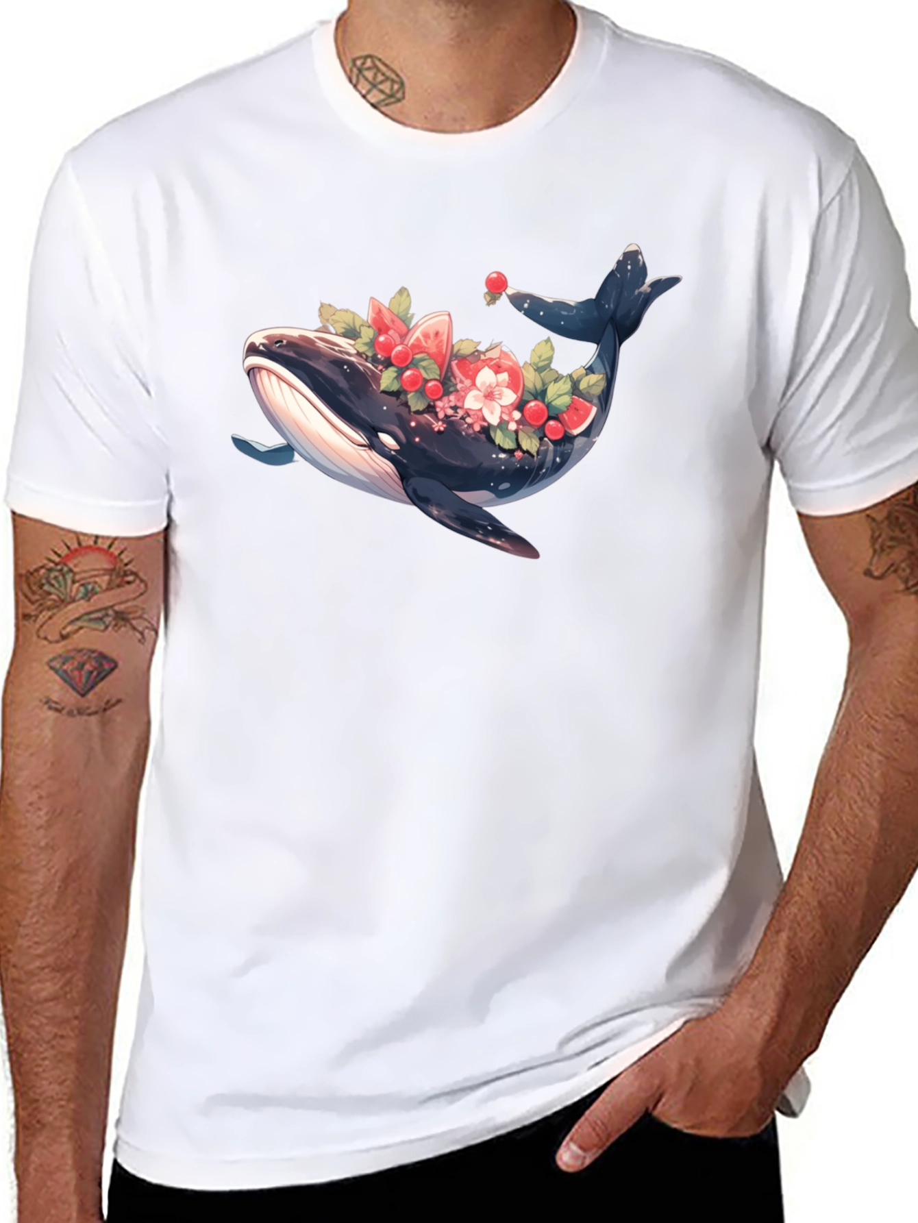 Whale Floral Graphic Tee - Black Cotton T-Shirt