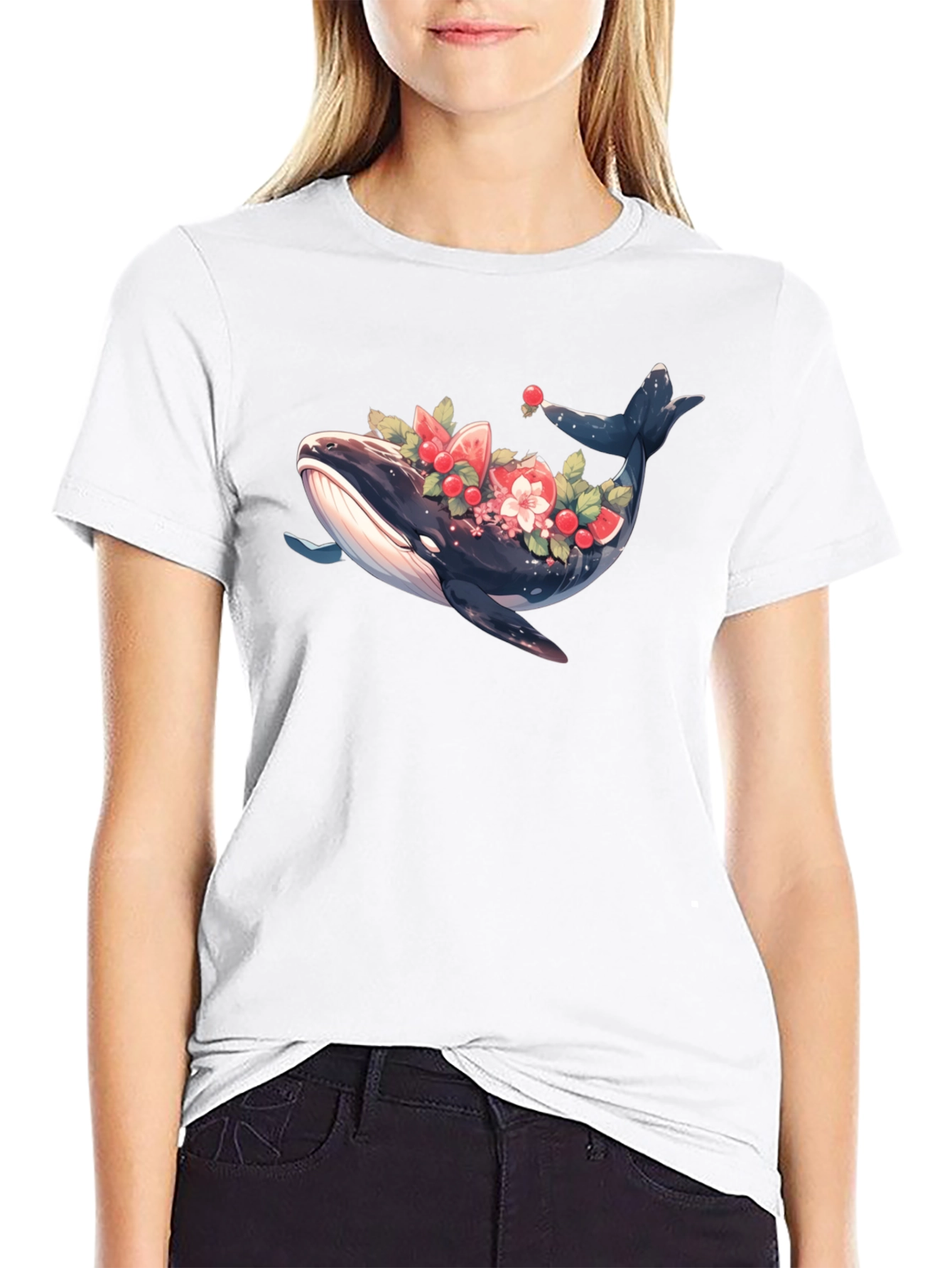 Whale Floral Graphic Tee - Black Cotton T-Shirt