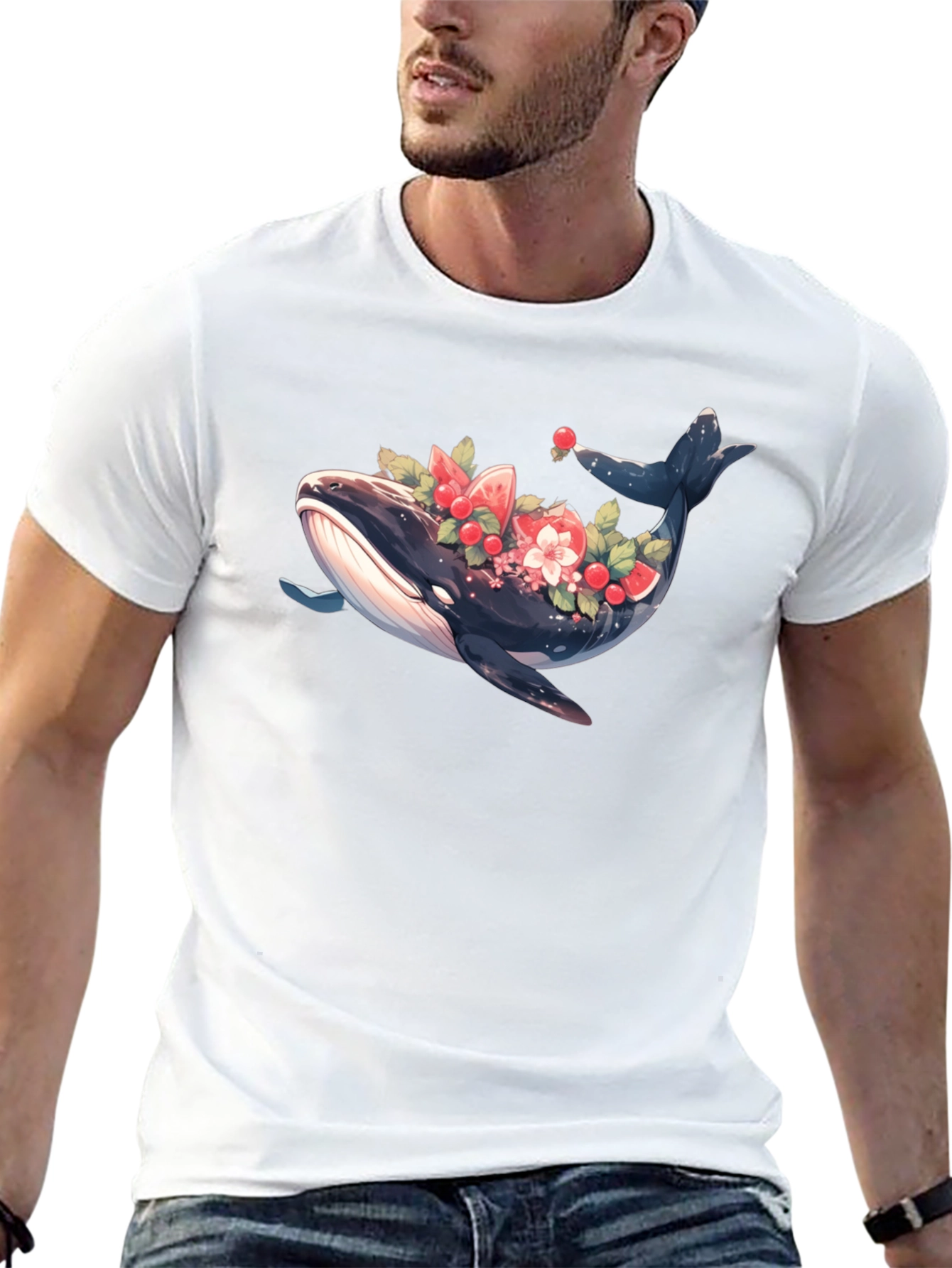 Whale Floral Graphic Tee - Black Cotton T-Shirt