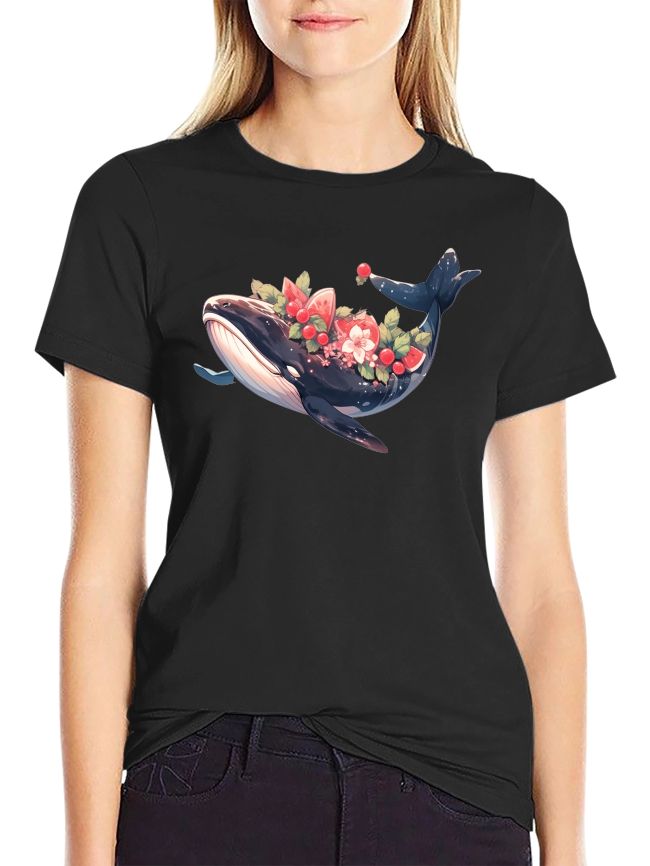 Whale Floral Graphic Tee - Black Cotton T-Shirt