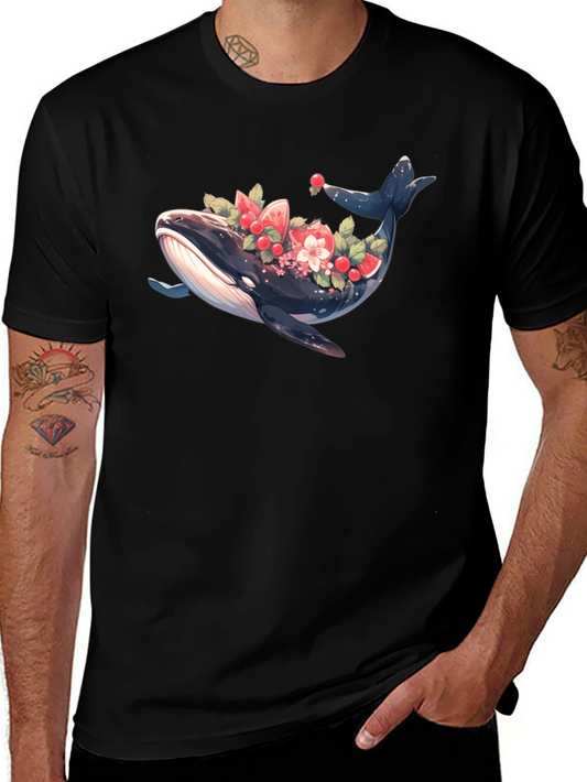 Whale Floral Graphic Tee - Black Cotton T-Shirt