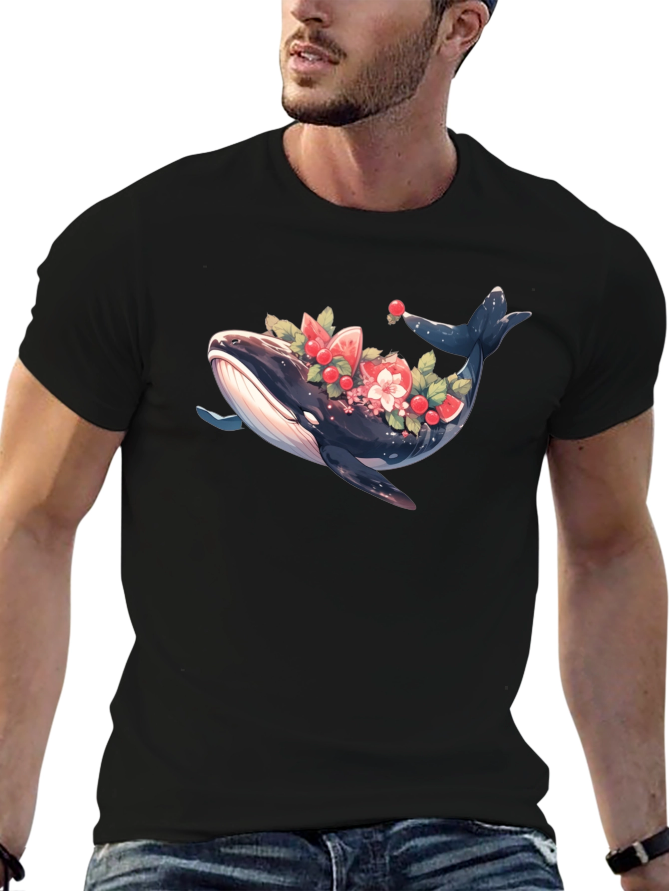 Whale Floral Graphic Tee - Black Cotton T-Shirt