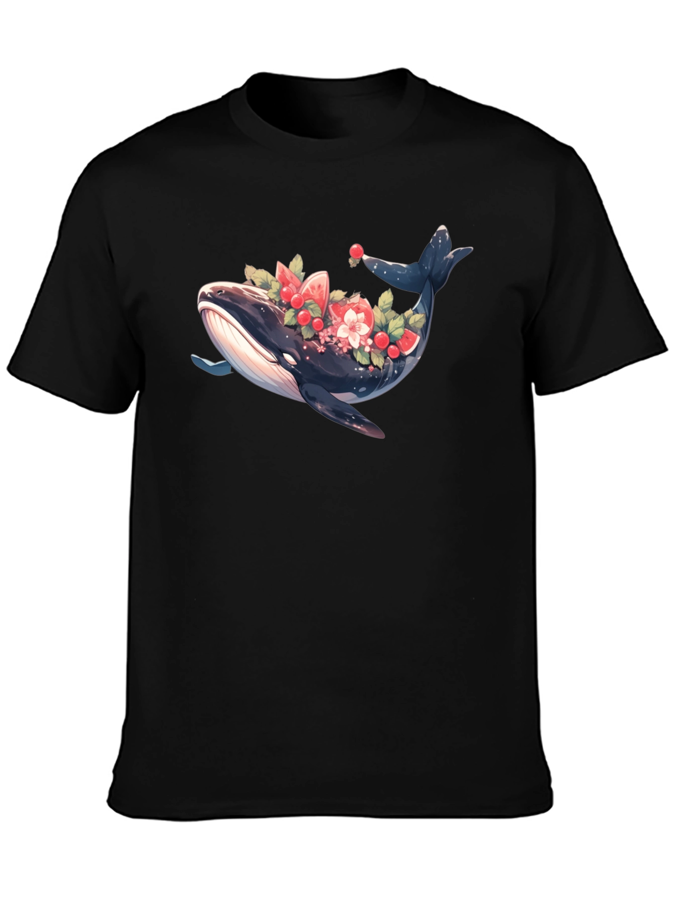 Whale Floral Graphic Tee - Black Cotton T-Shirt