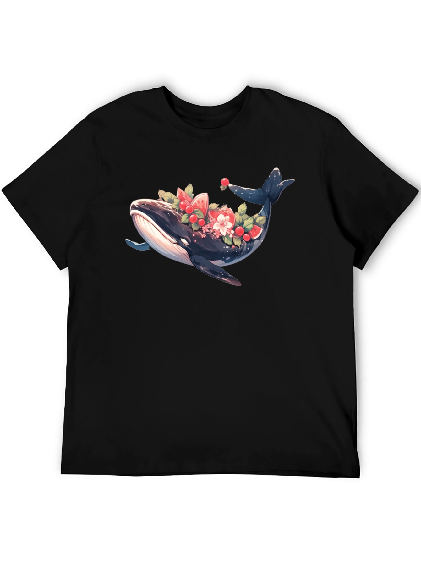 Whale Floral Graphic Tee - Black Cotton T-Shirt