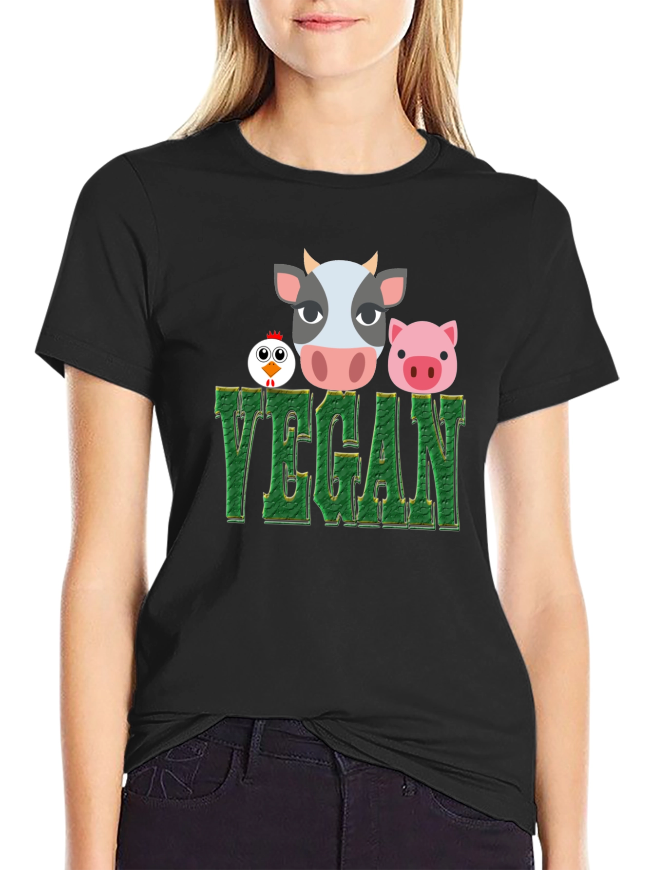 Vegan T-Shirt with Cow Pig and Chicken Design