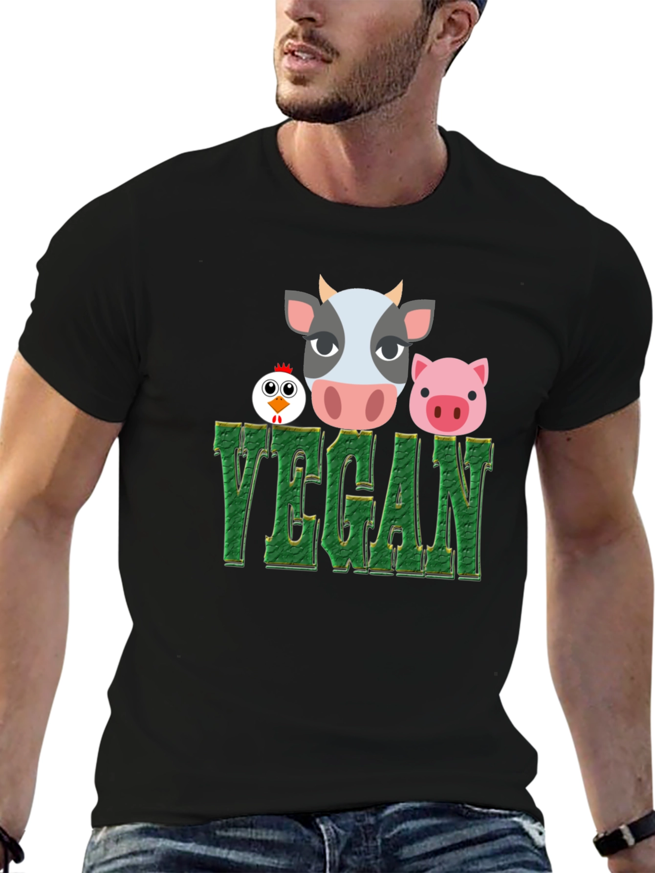 Vegan T-Shirt with Cow Pig and Chicken Design