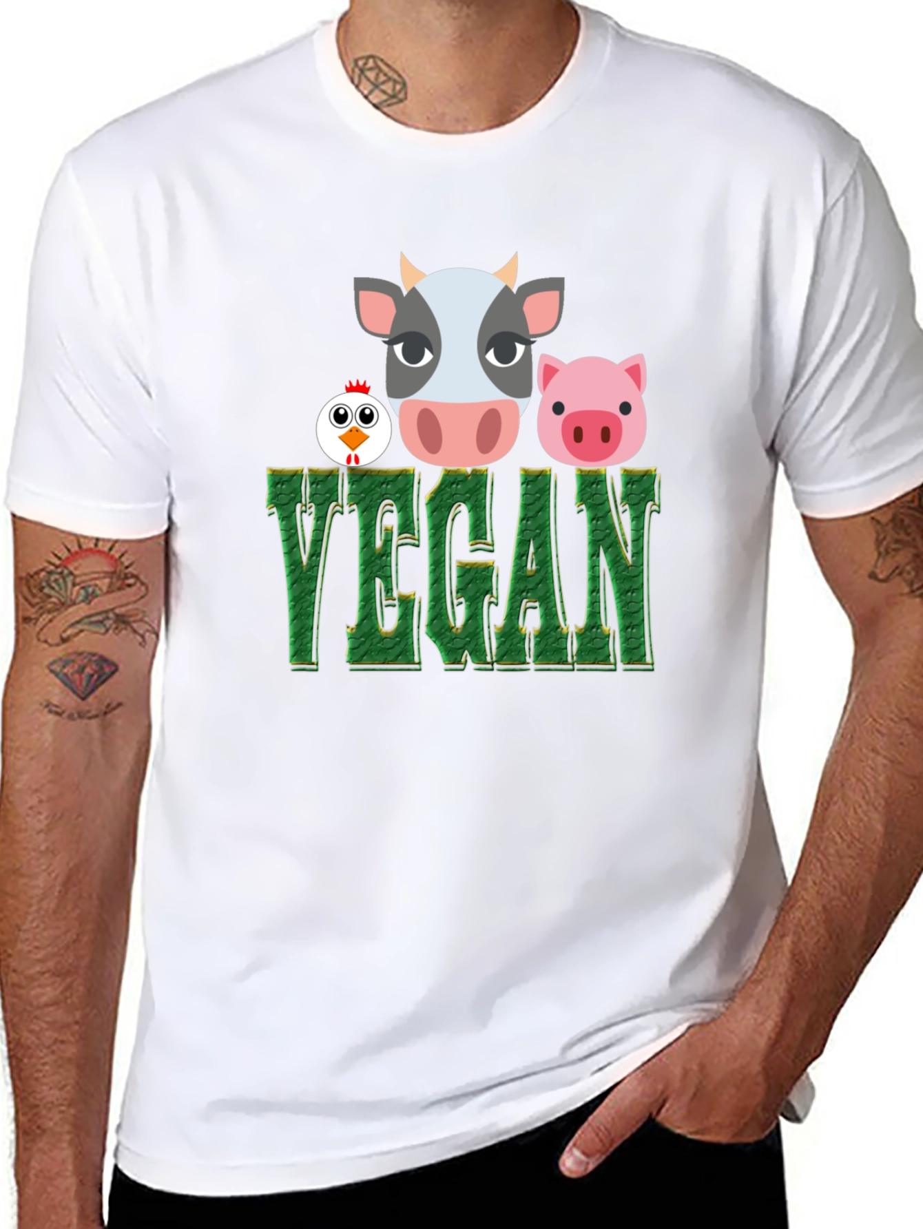 Vegan T-Shirt with Cow Pig and Chicken Design