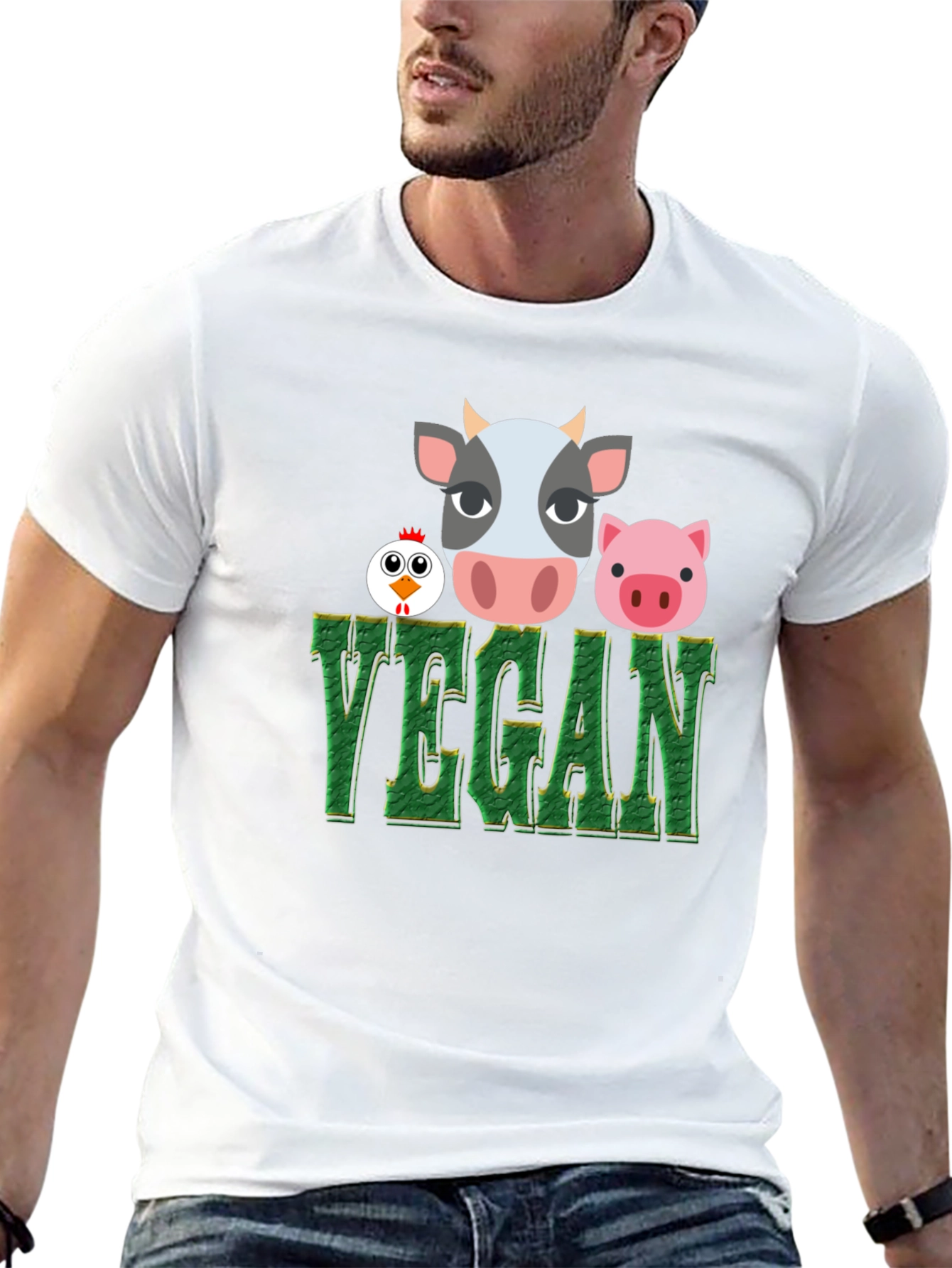 Vegan T-Shirt with Cow Pig and Chicken Design