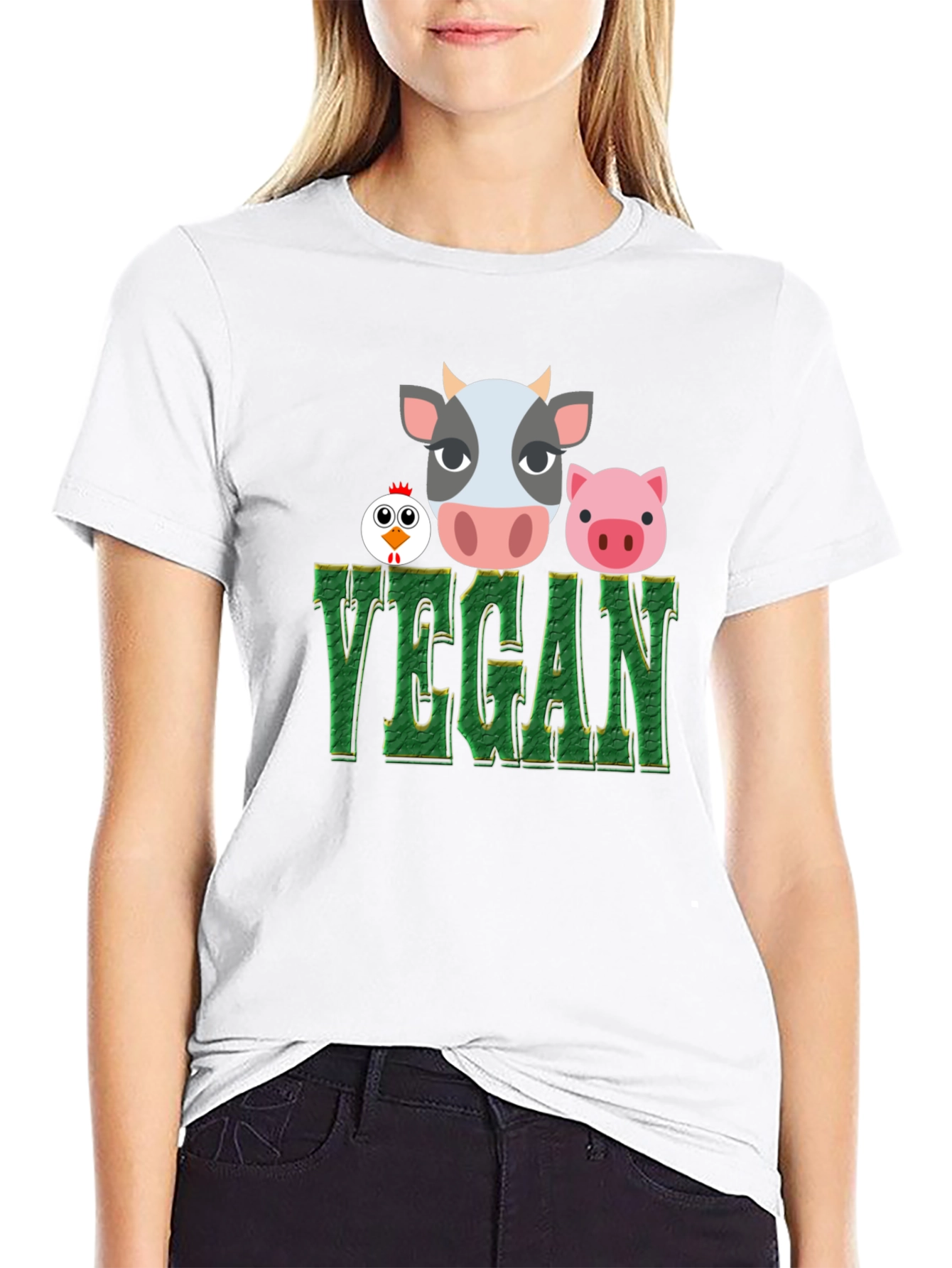 Vegan T-Shirt with Cow Pig and Chicken Design